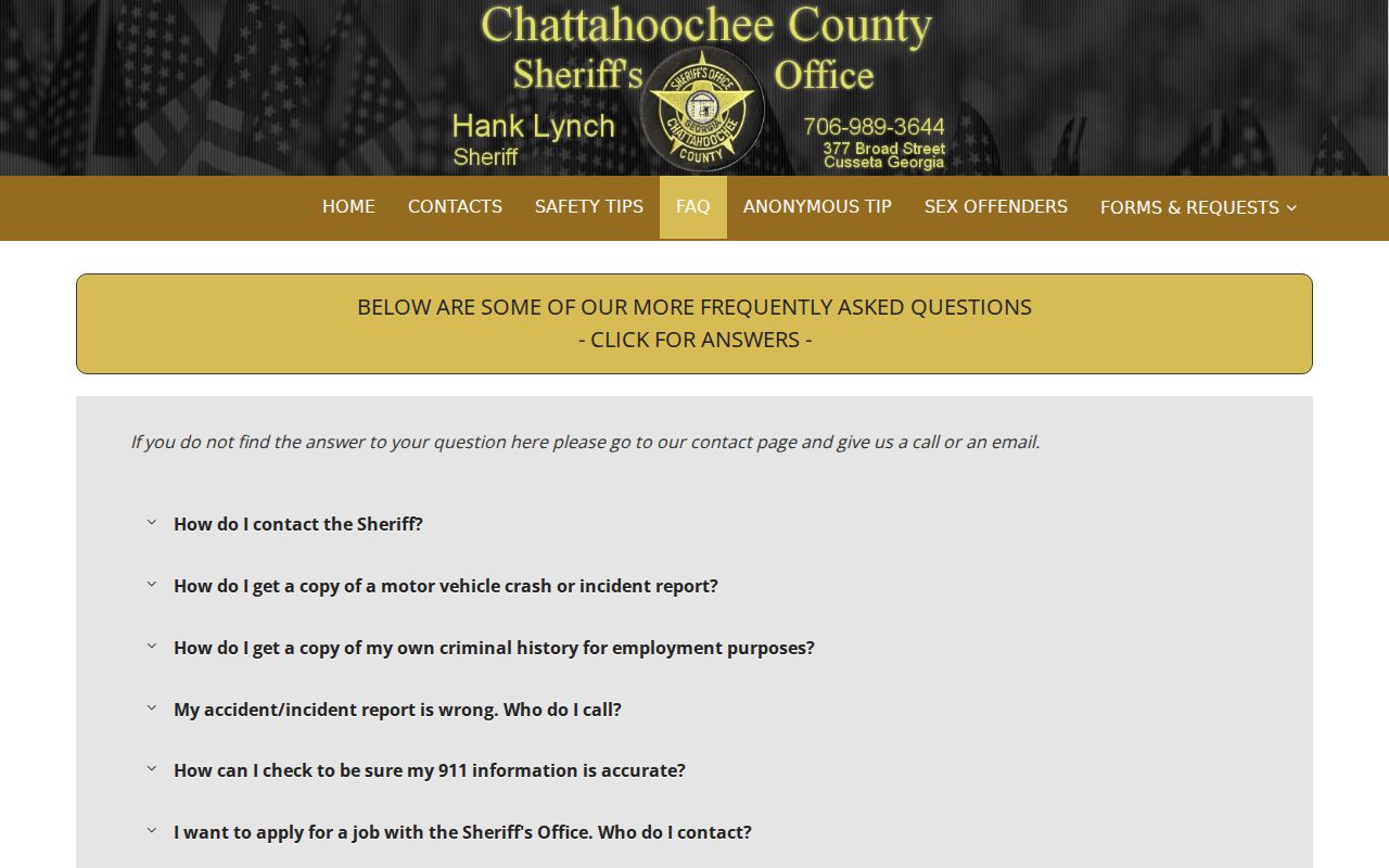 Chattahoochee County Sheriff FAQ related to warrant contact and records