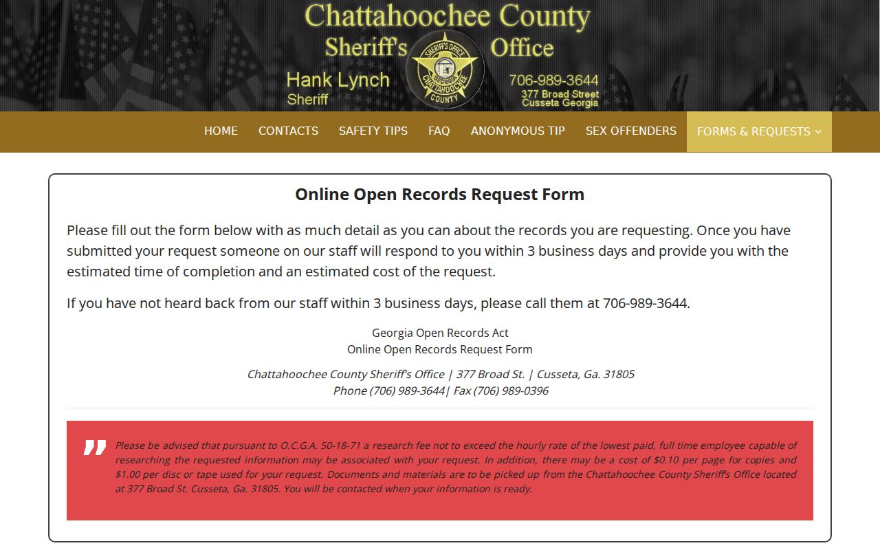 Chattahoochee County warrant-related open records request fields
